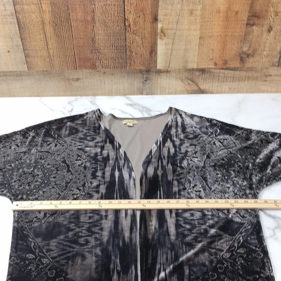 One World Wintop Velour Black Floral Tie Dye Fringe Cardigan Womens Large Fringe - Picture 9 of 11